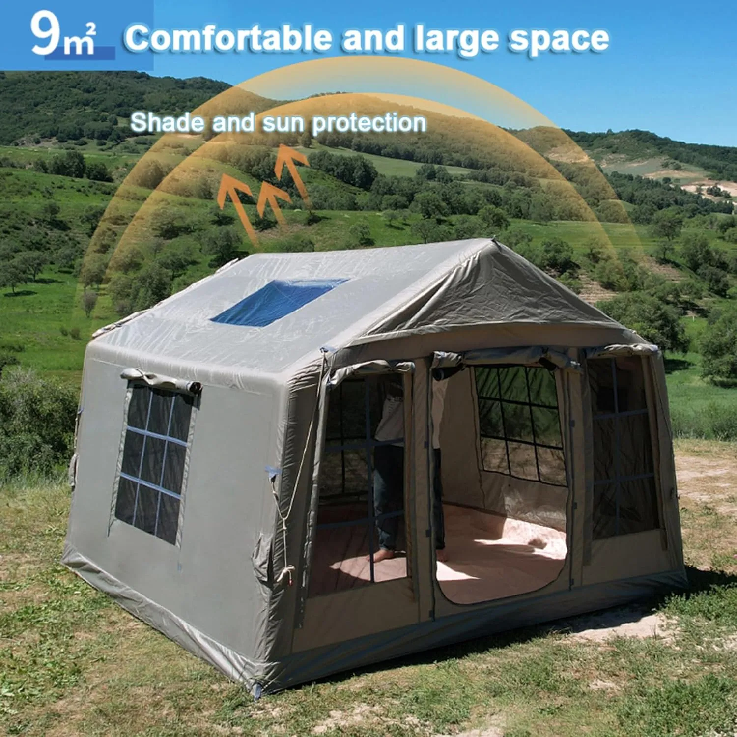 Inflatable Camping Tent with Pump, 4 Seasons Cabin Tent 9㎡, Easy Install Glamping Tents, Outdoor Oxford Tent Windproof with Carry Bag