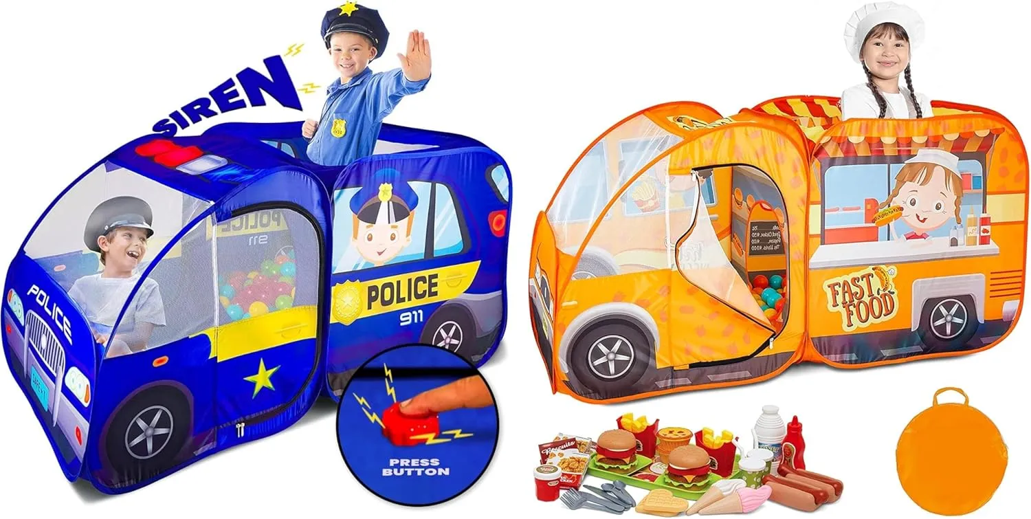 Interactive Play Tent Bundle: Police Car & Food Truck for Endless Imaginative Adventures