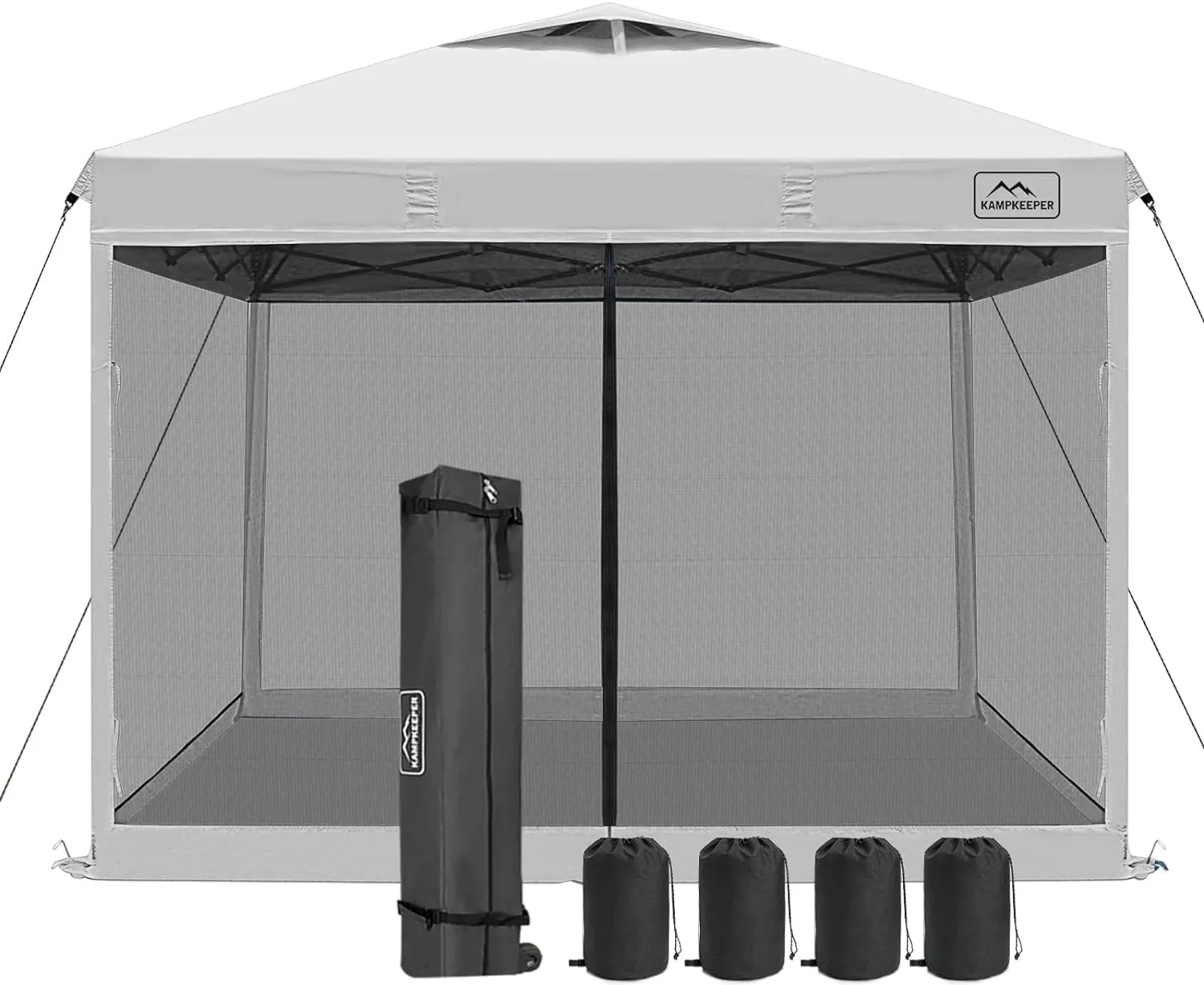 KAMPKEEPER 10x10 Pop Up Canopy with Mosquito Netting,Instant Outdoor Screen Tent Sun Shade for Events Patio Camping Picnic,Gazebo with 4 Sandbags,1 Wheeled Bag(White)
