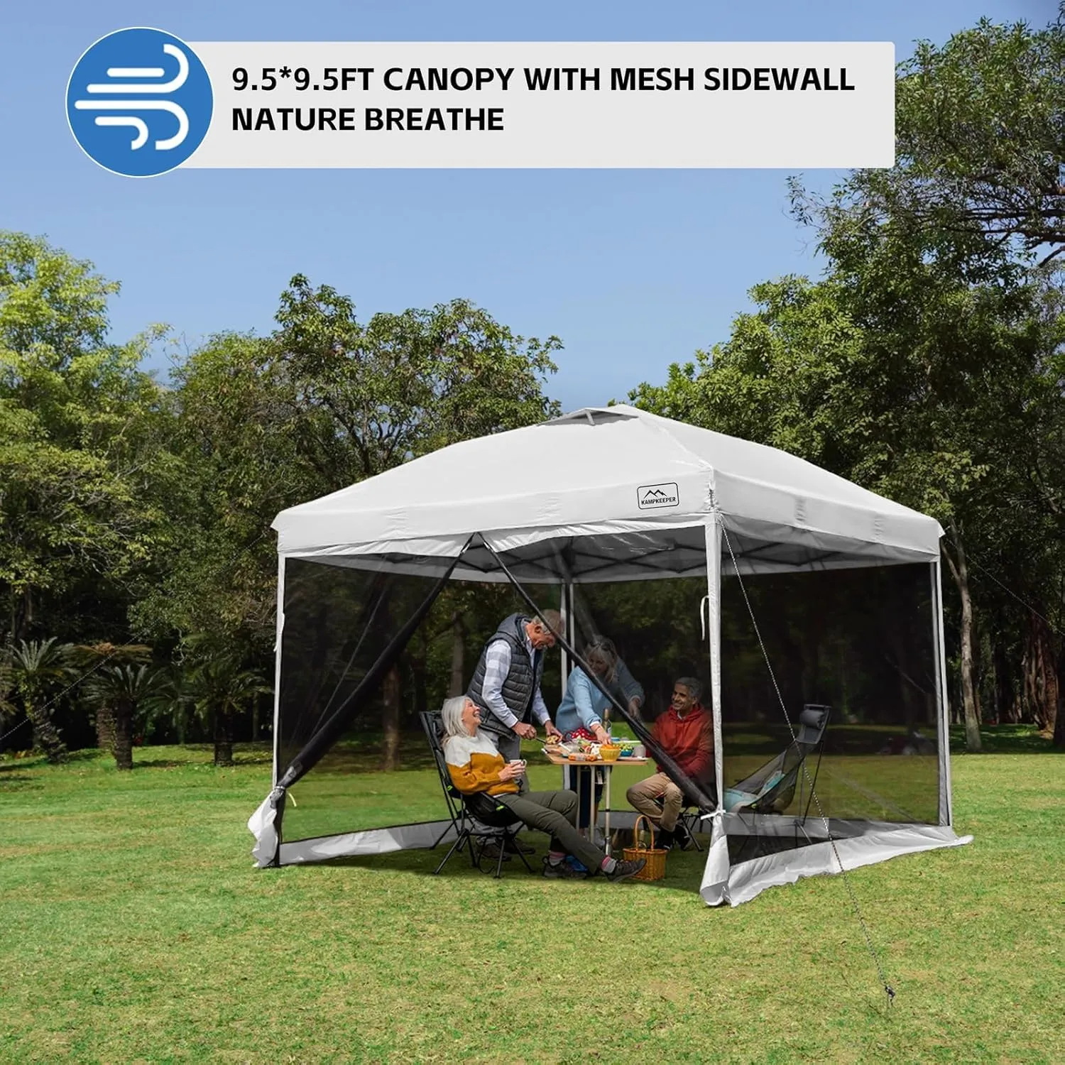 KAMPKEEPER 10x10 Pop Up Canopy with Mosquito Netting,Instant Outdoor Screen Tent Sun Shade for Events Patio Camping Picnic,Gazebo with 4 Sandbags,1 Wheeled Bag(White)