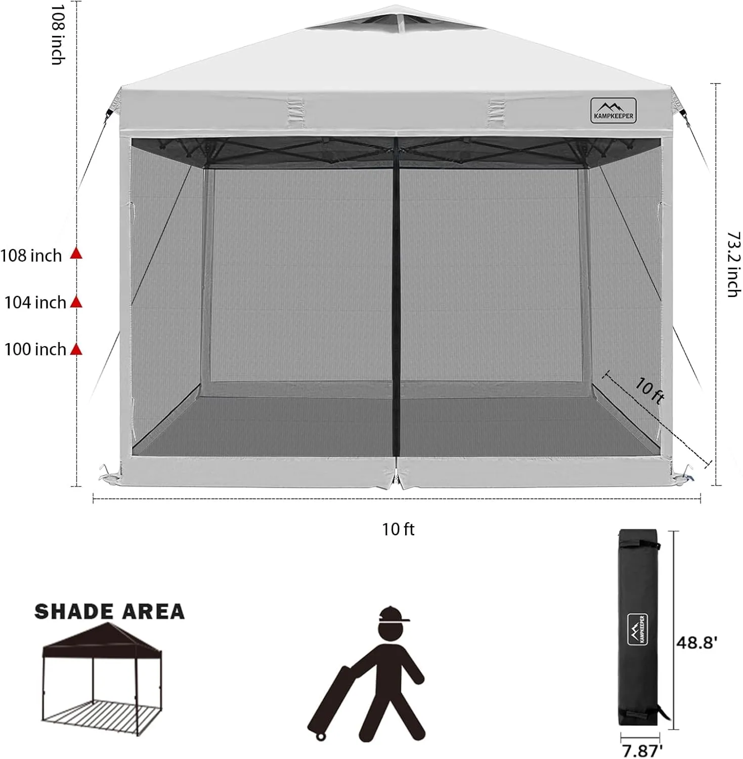 KAMPKEEPER 10x10 Pop Up Canopy with Mosquito Netting,Instant Outdoor Screen Tent Sun Shade for Events Patio Camping Picnic,Gazebo with 4 Sandbags,1 Wheeled Bag(White)