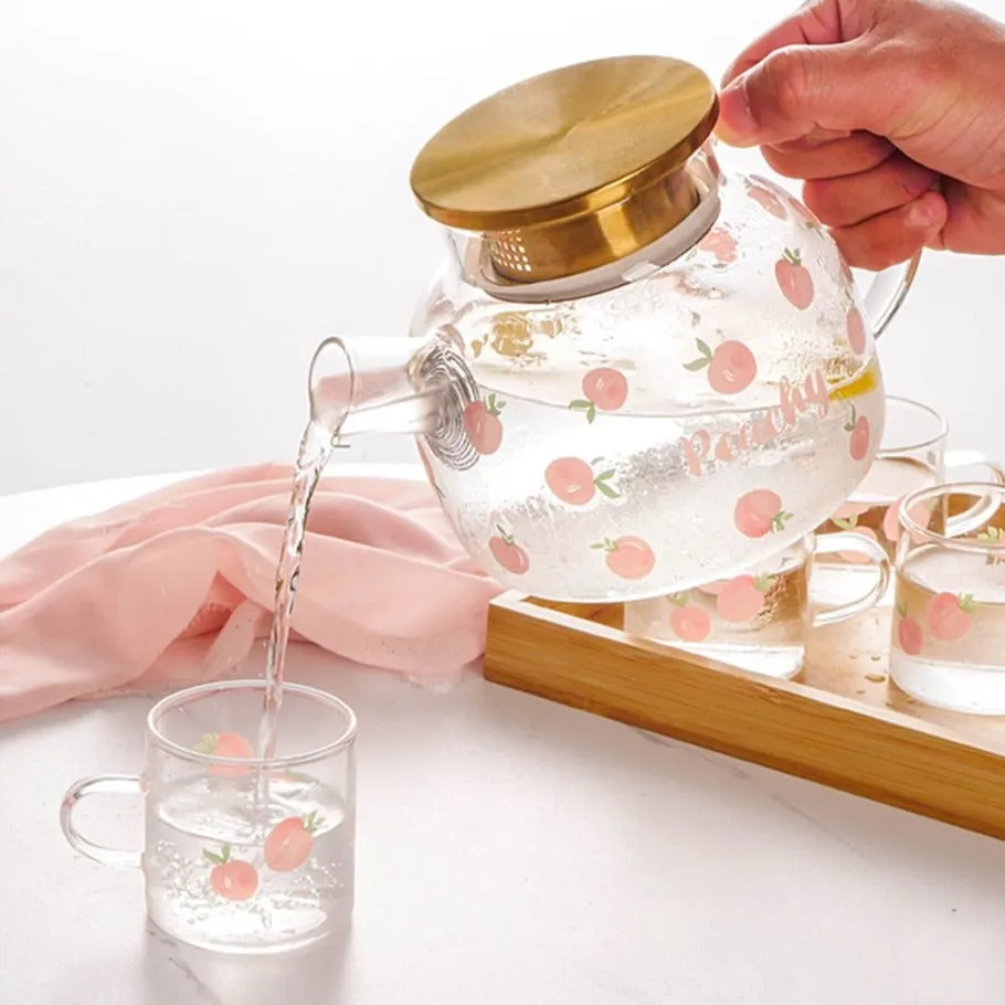 Kawaii Peach Glass Kettle and Cups Set