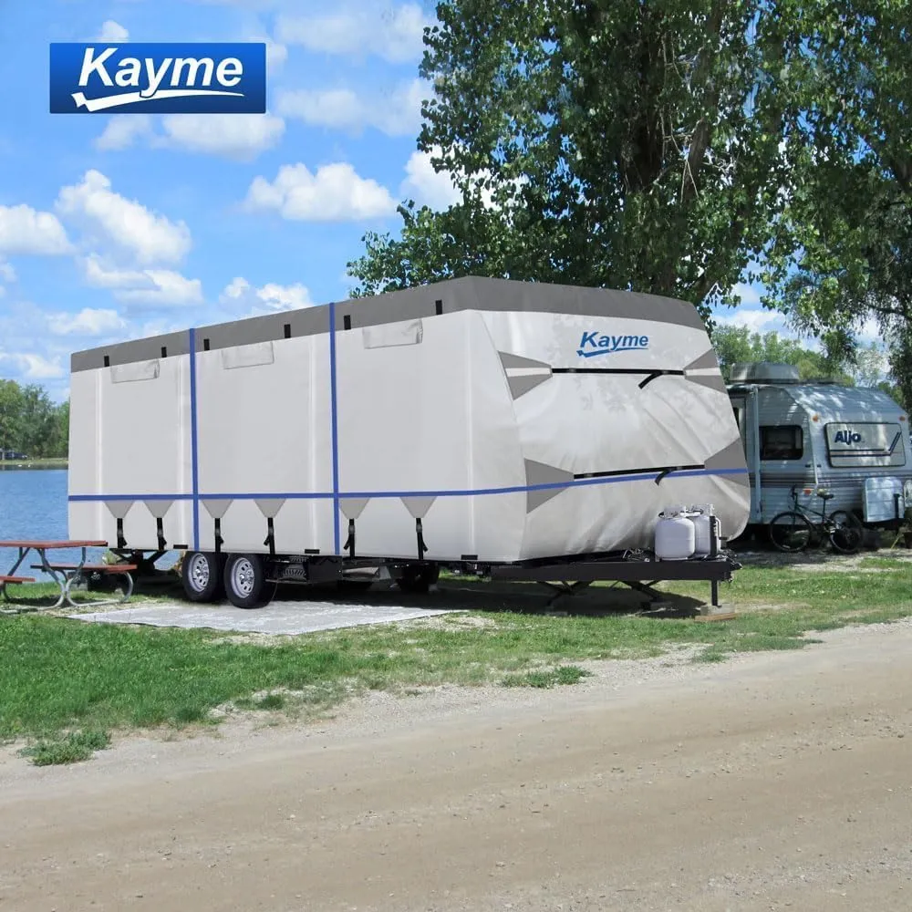 Kayme 300D Oxford Travel Trailer RV Cover, Tearproof Waterproof Windproof 22-24ft Camper Cover, RV Tarp Anti-UV Snowproof with Zipper Door, Wind Protector Straps，4 Tire Covers, and Jack Cover.