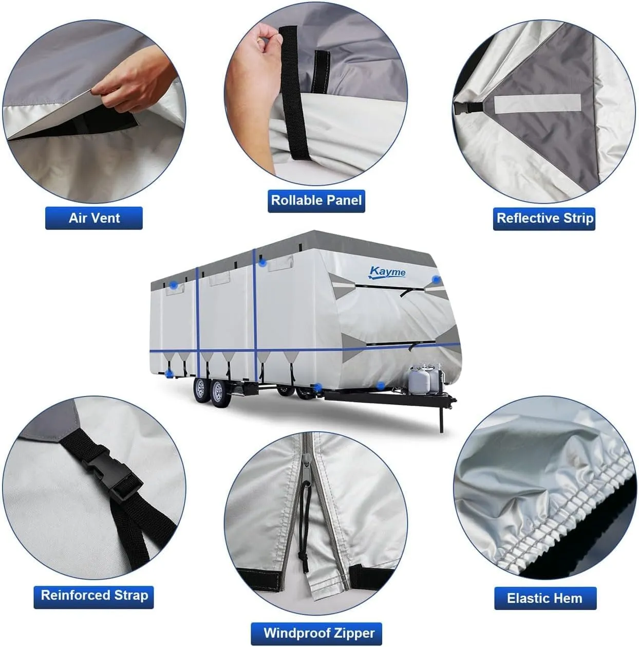 Kayme 300D Oxford Travel Trailer RV Cover, Tearproof Waterproof Windproof 31-34ft Camper Cover, RV Tarp Anti-UV Snowproof with Zipper Door, Wind Protector Straps，4 Tire Covers, and Jack Cover.