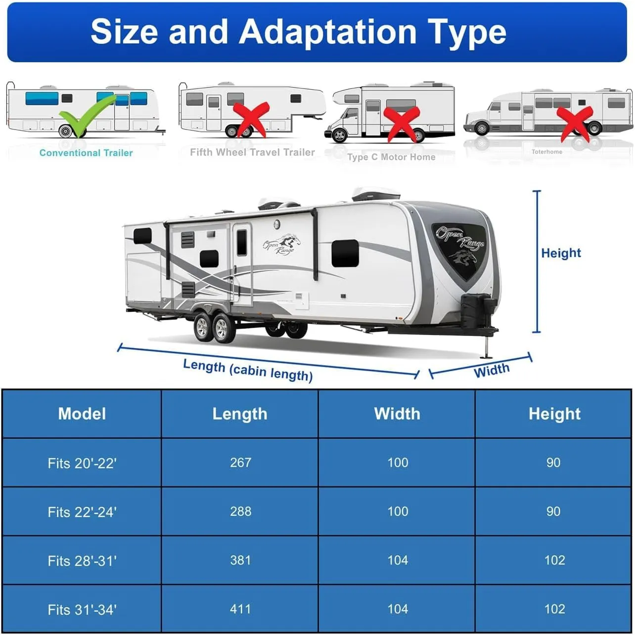 Kayme 300D Oxford Travel Trailer RV Cover, Tearproof Waterproof Windproof 31-34ft Camper Cover, RV Tarp Anti-UV Snowproof with Zipper Door, Wind Protector Straps，4 Tire Covers, and Jack Cover.