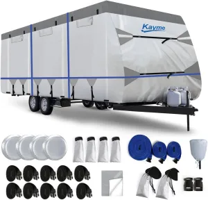 Kayme 300D Oxford Travel Trailer RV Cover, Tearproof Waterproof Windproof 31-34ft Camper Cover, RV Tarp Anti-UV Snowproof with Zipper Door, Wind Protector Straps，4 Tire Covers, and Jack Cover.