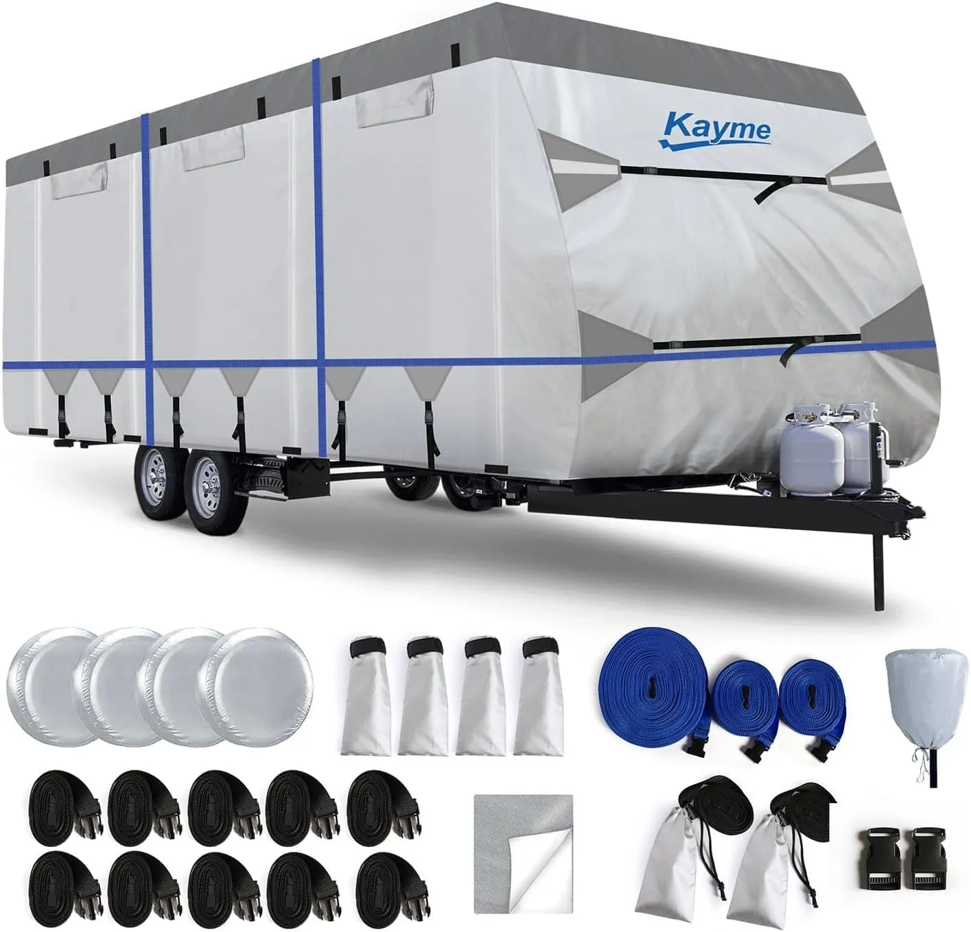 Kayme 300D Oxford Travel Trailer RV Cover, Tearproof Waterproof Windproof 31-34ft Camper Cover, RV Tarp Anti-UV Snowproof with Zipper Door, Wind Protector Straps，4 Tire Covers, and Jack Cover.