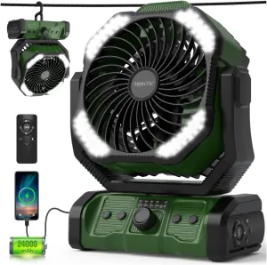 kejector Battery Powered Fan - 24000mAh 3-in-1 Portable Camping Fan Rechargeable with LED Lights, USB C, Auto Oscillating Portable Fan for Tents, Travel, BBQ, Fishing, Home, Office, Camper Essentials