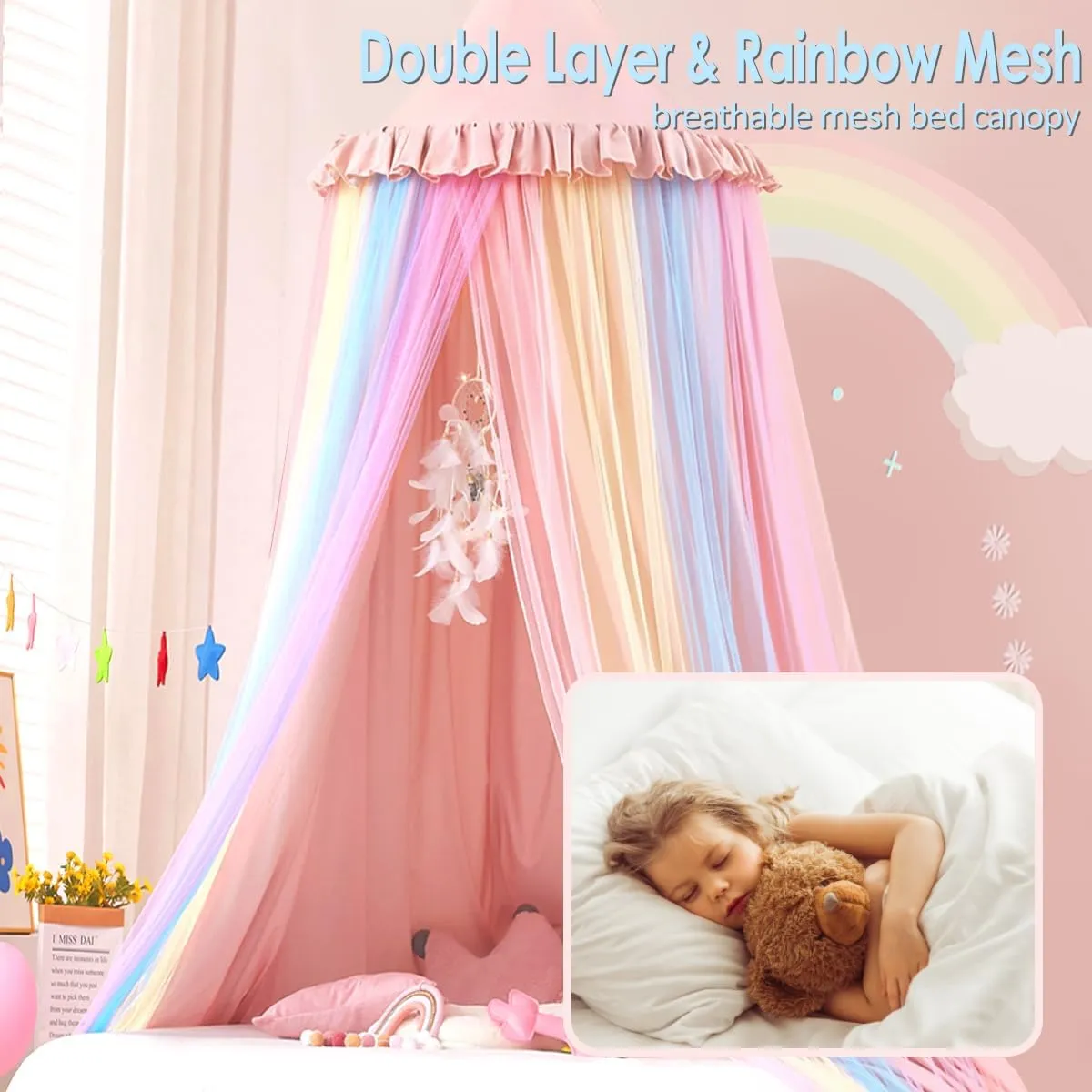 Kertnic Rainbow Bed Canopy for Girls Dreamy Mosquito Net for Bed Round Dome Princess Bed Canopy Girl Room Play Tent Kids Canopy Bed Netting Curtains (Beige Pink Rainbow)