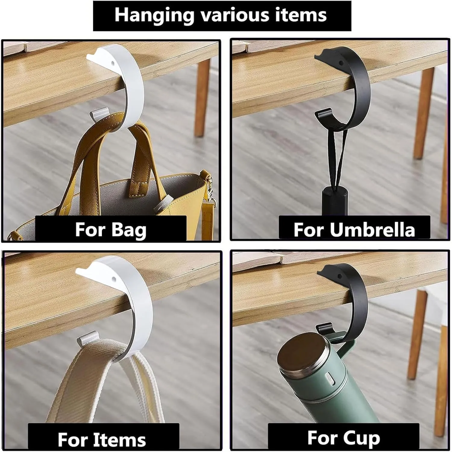 KIBBEH 2PCS Purse Hook for Table Purse Hanger for Desk Portable Desk Bag Hook Non-Slip Purse Holder for Table High-Strength Alloy Material for Durability Hangers for Table for Heavy Loads(White)