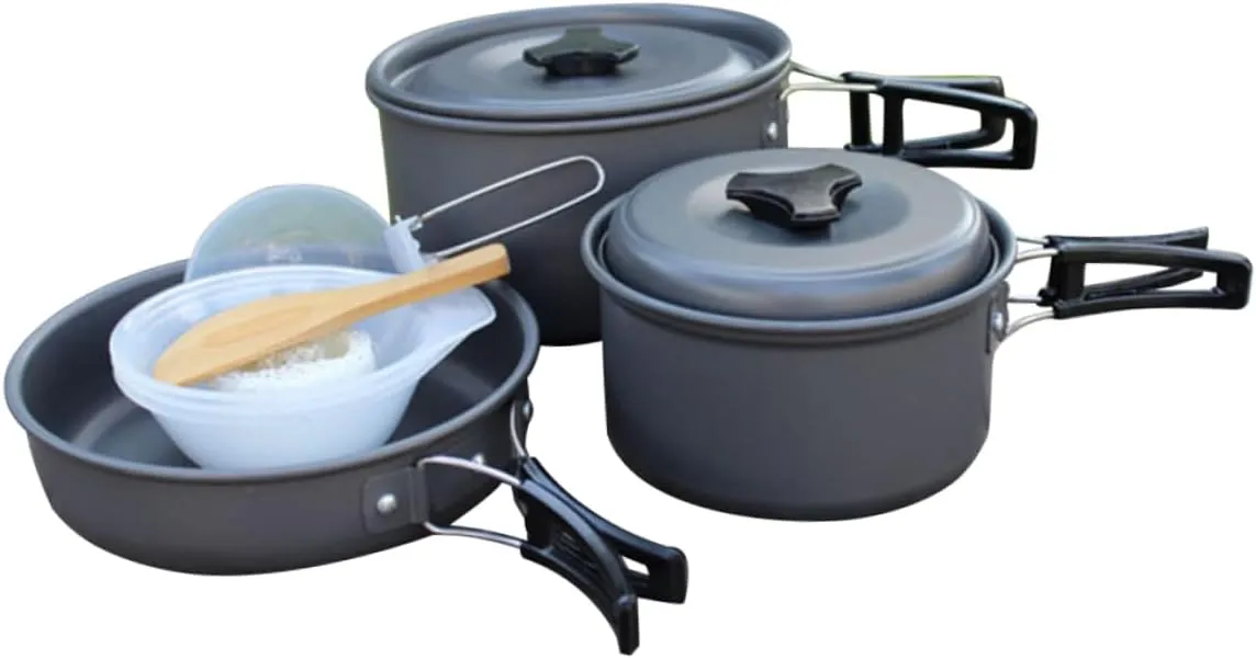 KICHOUSE Camping Cookware Kit 2-3 Person Portable Folding Pot Camp Kettle Outdoor Kitchen Set Cook Equipment