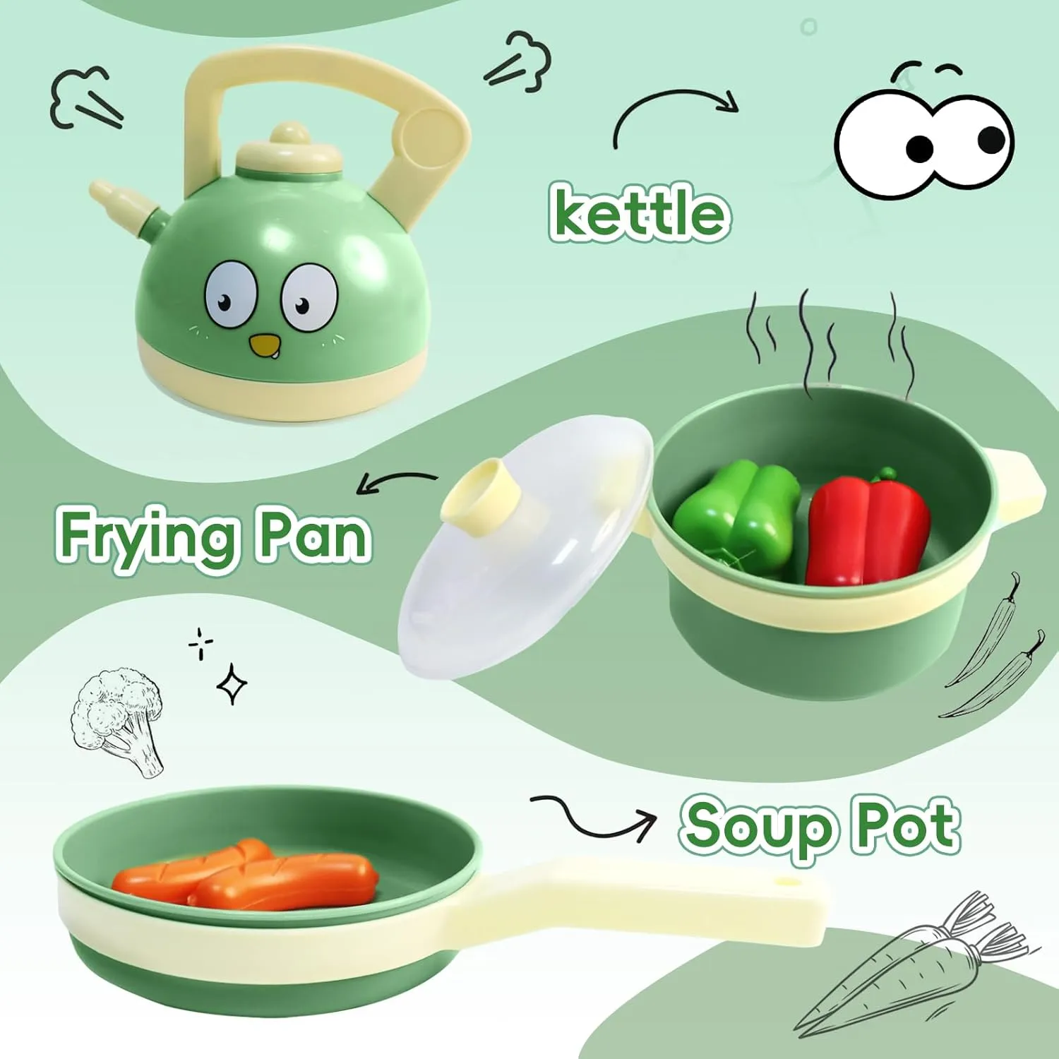 Kids Play Kitchen Accessories, Pretend Play Toys for Kitchen, Play Pots and Pans Sets for Kids Kitchen, Toddler Cooking Set for Boys and Grils Aged 3 4 5 6(Green)