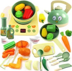 Kids Play Kitchen Accessories, Pretend Play Toys for Kitchen, Play Pots and Pans Sets for Kids Kitchen, Toddler Cooking Set for Boys and Grils Aged 3 4 5 6(Green)