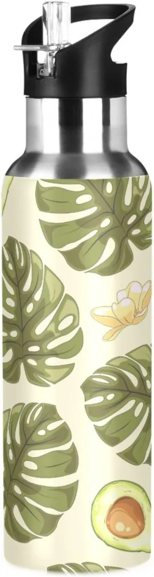 Kigai Avocado Palm Insulated Water Bottle with Straw Lid BPA-Free 20 oz Double Wall Vacuum Stainless Steel Leakproof Sports Water Bottle for Travel Fitness Gym