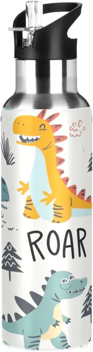 Kigai Cartoon Dinosaur Insulated Water Bottle with Straw Lid BPA-Free 20 oz Double Wall Vacuum Stainless Steel Leakproof Sports Water Bottle for Travel Fitness Gym