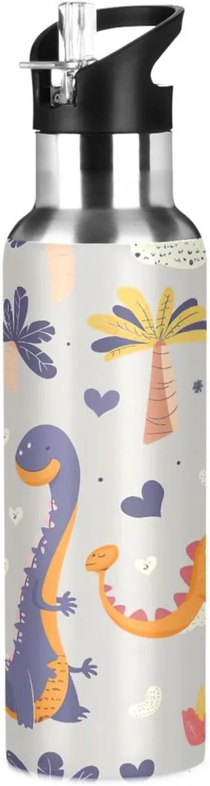 Kigai Cartoon Dinosaur Insulated Water Bottle with Straw Lid BPA-Free 20 oz Double Wall Vacuum Stainless Steel Leakproof Sports Water Bottle for Travel Fitness Gym
