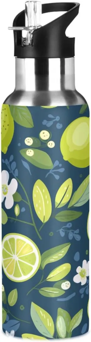 Kigai Green Lemon Insulated Water Bottle with Straw Lid BPA-Free 20 oz Double Wall Vacuum Stainless Steel Leakproof Sports Water Bottle for Travel Fitness Gym