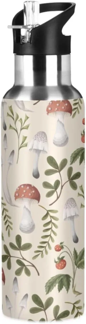 Kigai Mushroom Pattern Stainless Steel Sports Water Bottle BPA-Free Vacuum Insulated Leakproof Wide Mouth Flask with Straw Lid Keeps Liquids Cold or Hot for Gym Travel Camping