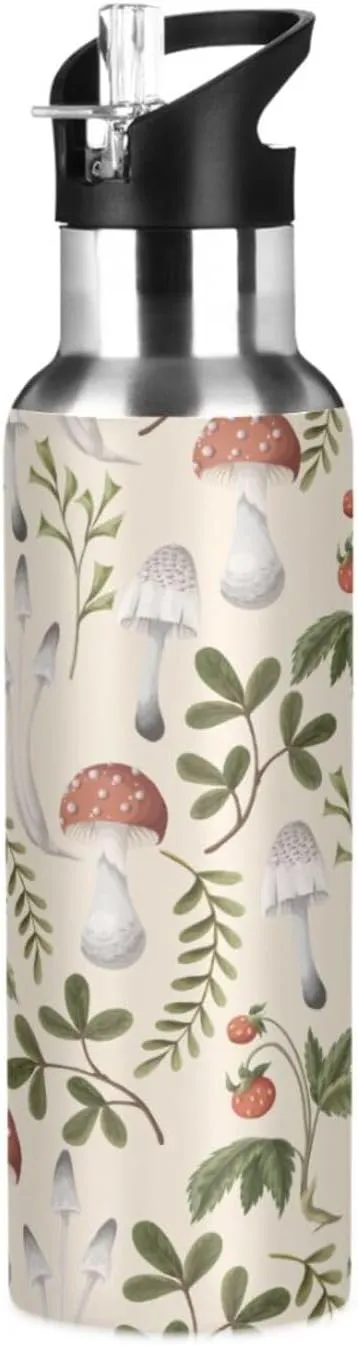 Kigai Mushroom Pattern Stainless Steel Sports Water Bottle BPA-Free Vacuum Insulated Leakproof Wide Mouth Flask with Straw Lid Keeps Liquids Cold or Hot for Gym Travel Camping