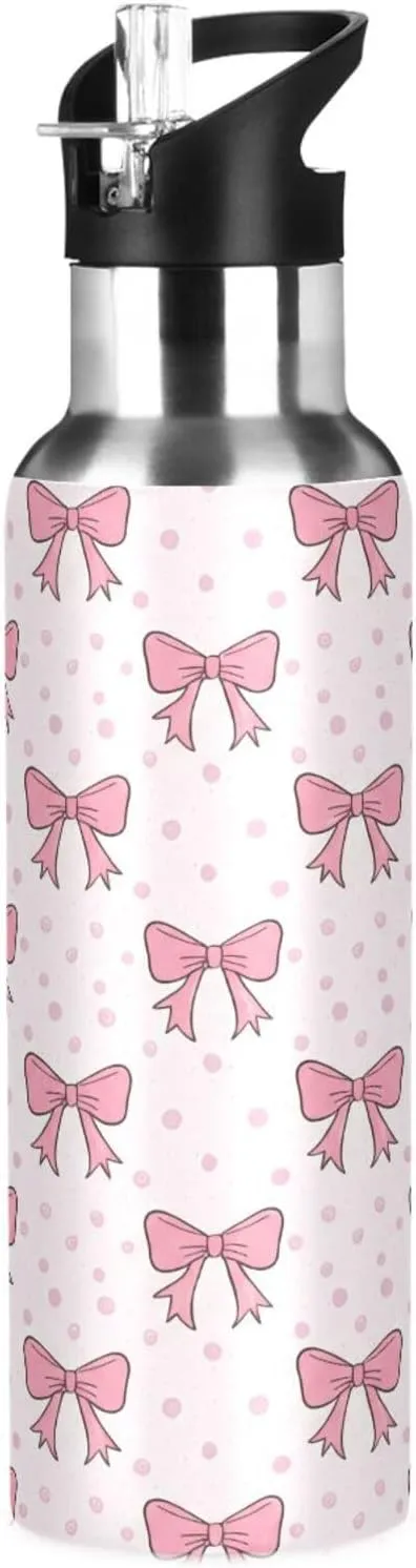 Kigai Pink Bows Insulated Water Bottle with Straw Lid BPA-Free 20 oz Double Wall Vacuum Stainless Steel Leakproof Sports Water Bottle for Travel Fitness Gym