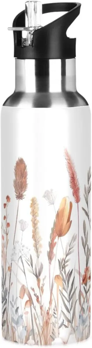 Kigai Vintage Flower Insulated Water Bottle with Straw Lid BPA-Free 20 oz Double Wall Vacuum Stainless Steel Leakproof Sports Water Bottle for Travel Fitness Gym