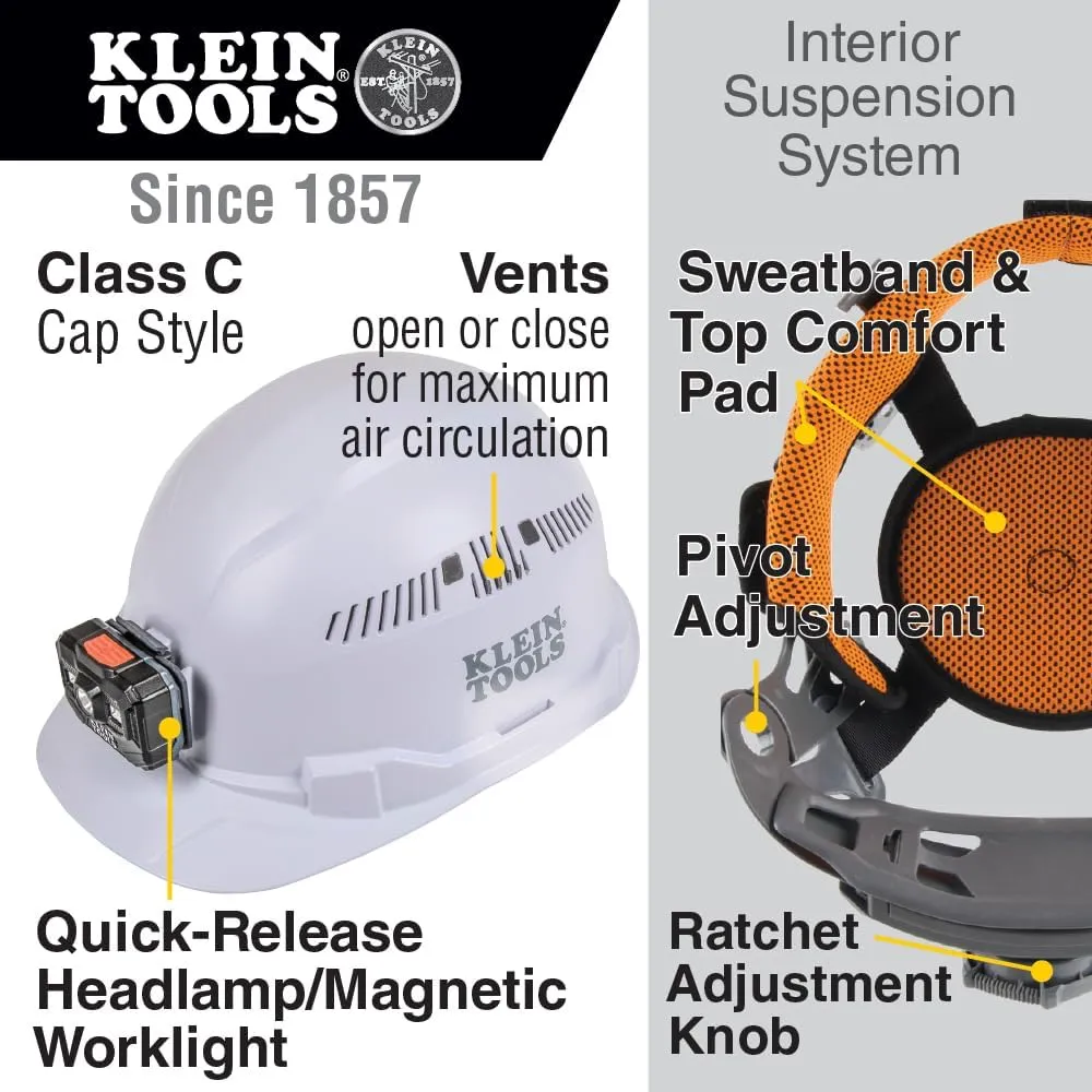 Klein Tools 60113RL Hard Hat, Rechargeable Headlamp, Vented, Cap Style, Padded Self-Wicking Odor-Resistant Sweatband, White