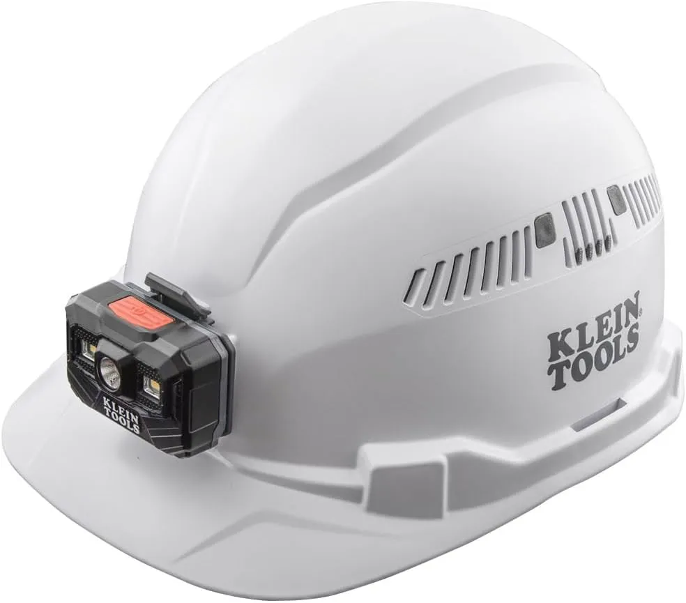 Klein Tools 60113RL Hard Hat, Rechargeable Headlamp, Vented, Cap Style, Padded Self-Wicking Odor-Resistant Sweatband, White