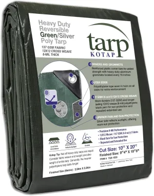 Kotap 10 x 20 Ft. Heavy-Duty Protection/Coverage Tarp, 8-mil, Reversible, Multi-Use, Waterproof, Green-Silver, (TGS-1020)