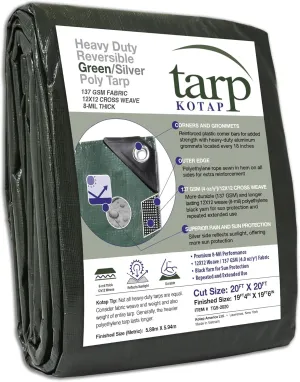 Kotap 20 x 20 Ft. Heavy-Duty Protection/Coverage Tarp, 8-mil, Reversible, Multi-Use, Waterproof, Green-Silver, (TGS-2020)