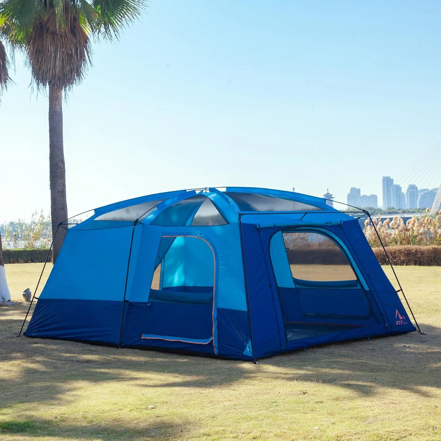 KTT Extra Large Tent 10-12-14 Person(Style-B),Family Cabin Tents,2 Rooms,3 Doors and 3 Windows with Mesh,Straight Wall,Waterproof,Double Layer,Big Tent for Outdoor,Picnic,Camping,Family Gathering