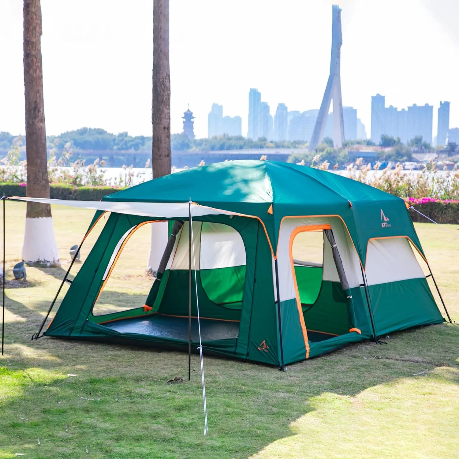 KTT Extra Large Tent 10-12-14 Person(Style-B),Family Cabin Tents,2 Rooms,3 Doors and 3 Windows with Mesh,Straight Wall,Waterproof,Double Layer,Big Tent for Outdoor,Picnic,Camping,Family Gathering