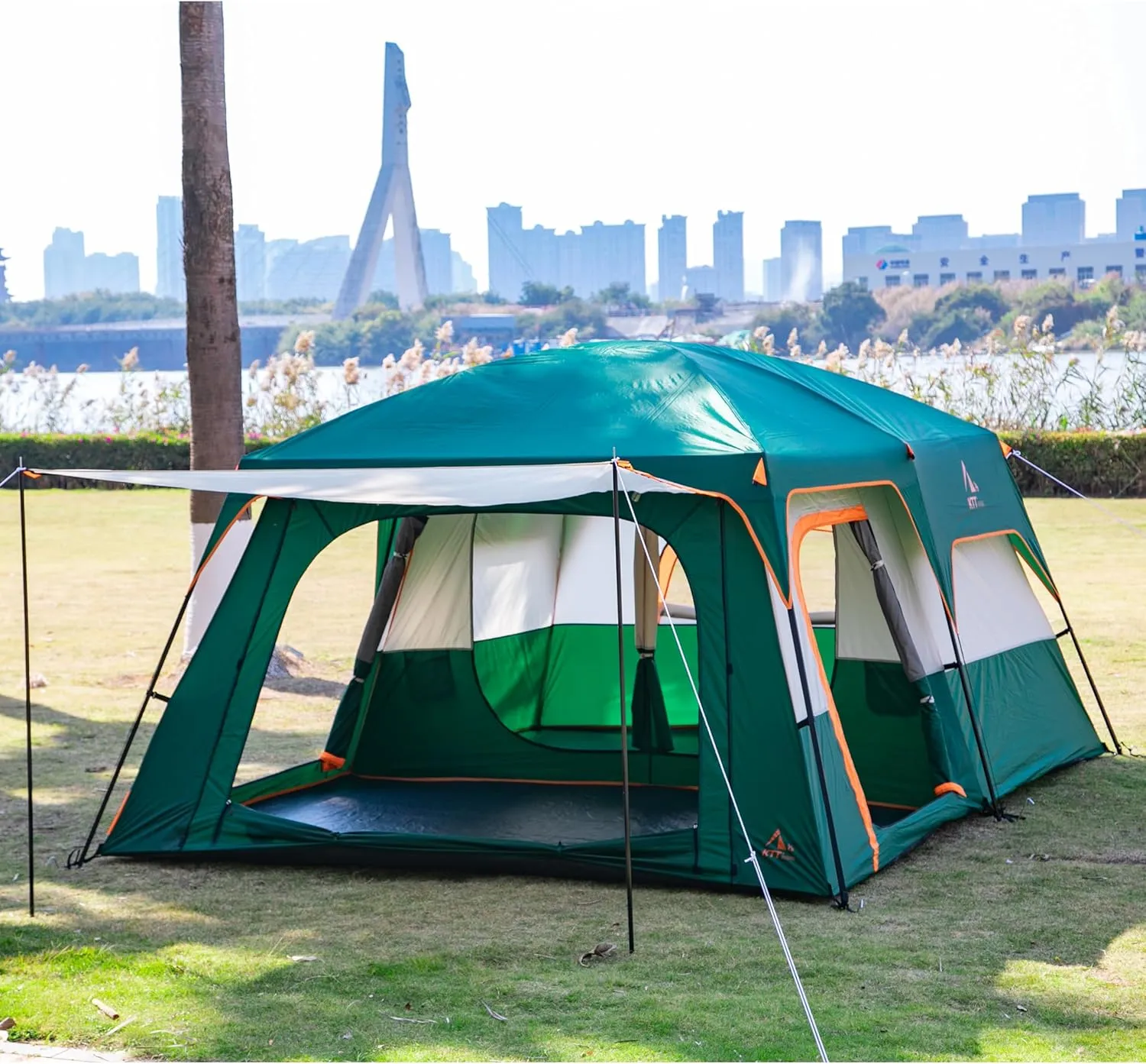 KTT Extra Large Tent 10-12-14 Person(Style-B),Family Cabin Tents,2 Rooms,3 Doors and 3 Windows with Mesh,Straight Wall,Waterproof,Double Layer,Big Tent for Outdoor,Picnic,Camping,Family Gathering