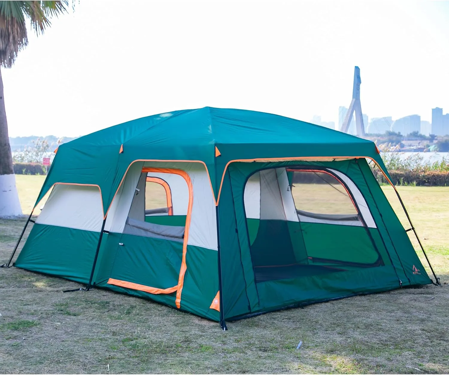 KTT Extra Large Tent 10-12-14 Person(Style-B),Family Cabin Tents,2 Rooms,3 Doors and 3 Windows with Mesh,Straight Wall,Waterproof,Double Layer,Big Tent for Outdoor,Picnic,Camping,Family Gathering