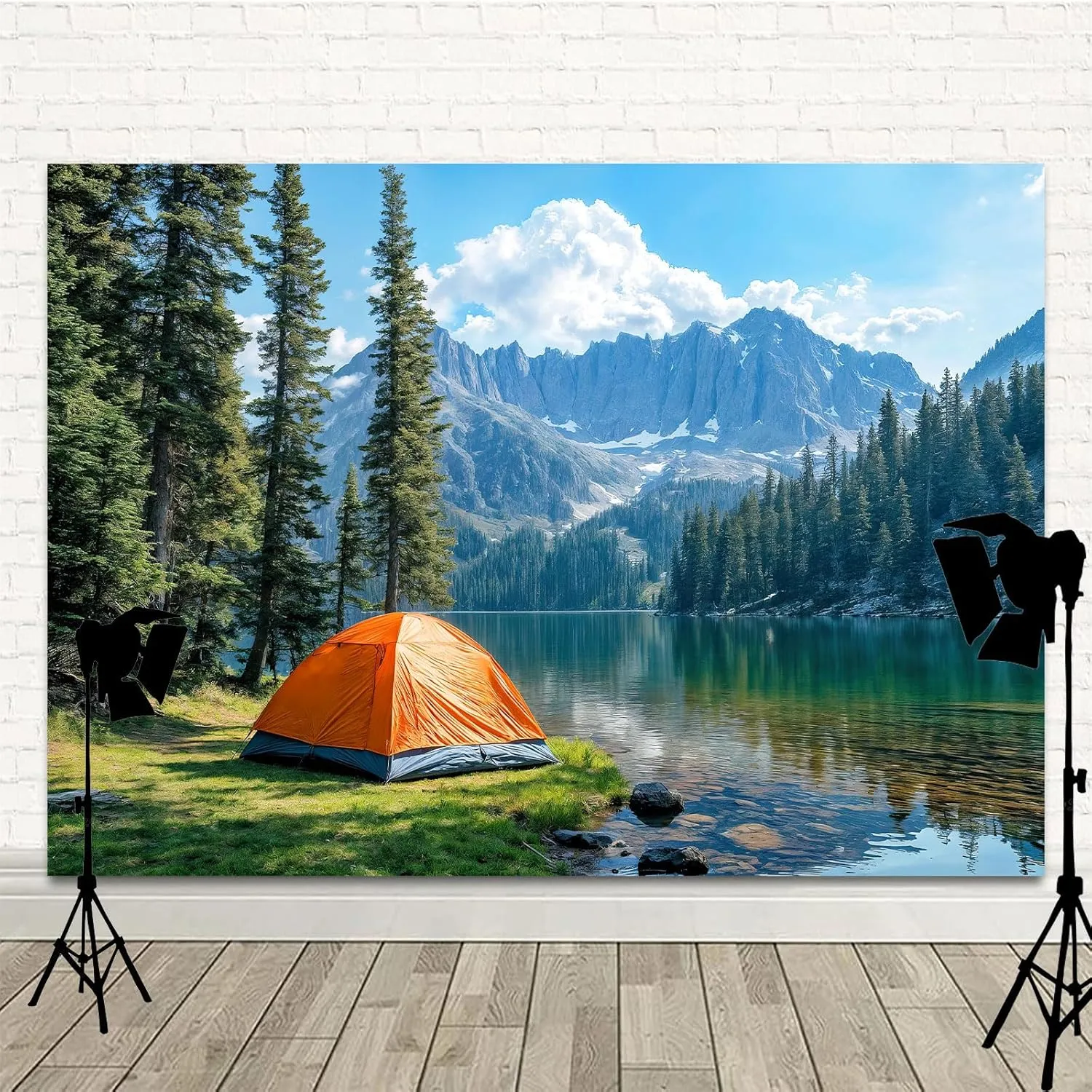 Lakeside Camping Backdrop, Mountain Forest Outdoor Camping Tent Travel Background, Pine Trees River Grassland Landscape Backdrop Birthday Holiday Party Decor YouTube Video Photo Shoot Props 8X6ft