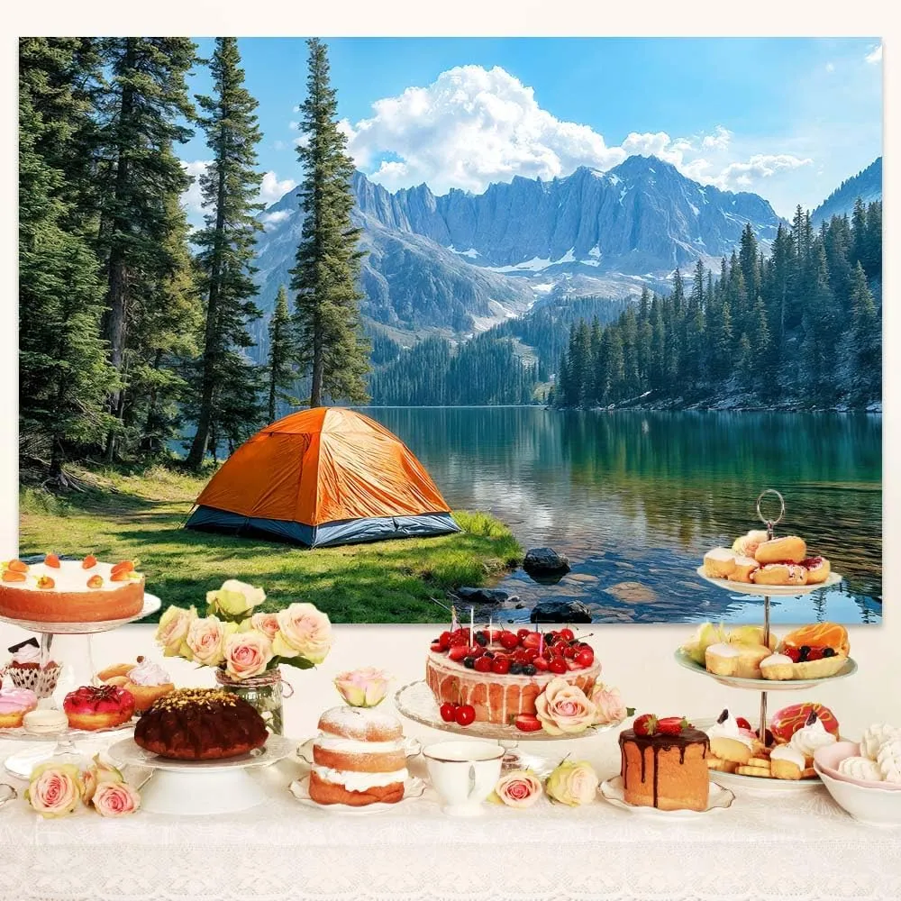 Lakeside Camping Backdrop, Mountain Forest Outdoor Camping Tent Travel Background, Pine Trees River Grassland Landscape Backdrop Birthday Holiday Party Decor YouTube Video Photo Shoot Props 8X6ft