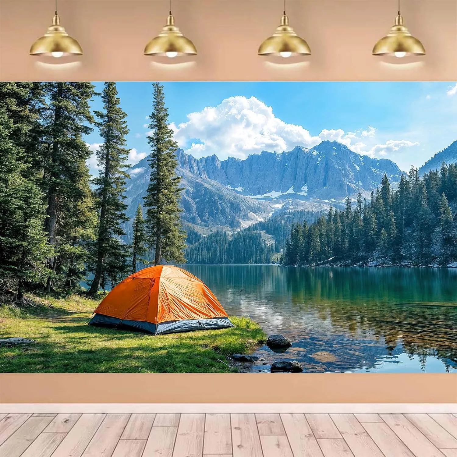 Lakeside Camping Backdrop, Mountain Forest Outdoor Camping Tent Travel Background, Pine Trees River Grassland Landscape Backdrop Birthday Holiday Party Decor YouTube Video Photo Shoot Props 8X6ft