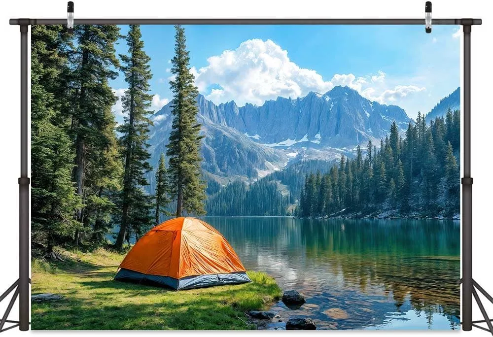Lakeside Camping Backdrop, Mountain Forest Outdoor Camping Tent Travel Background, Pine Trees River Grassland Landscape Backdrop Birthday Holiday Party Decor YouTube Video Photo Shoot Props 8X6ft