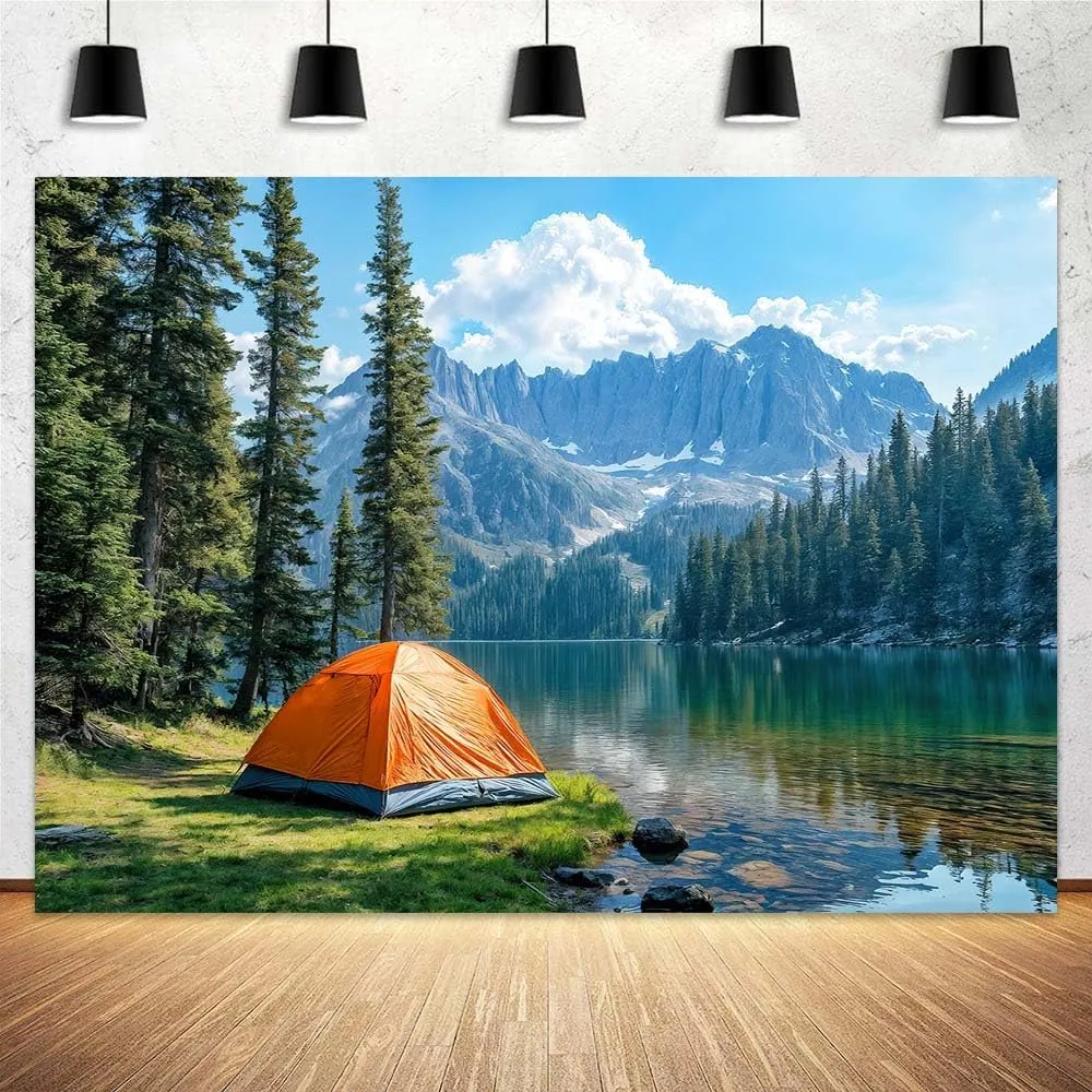 Lakeside Camping Backdrop, Mountain Forest Outdoor Camping Tent Travel Background, Pine Trees River Grassland Landscape Backdrop Birthday Holiday Party Decor YouTube Video Photo Shoot Props 8X6ft