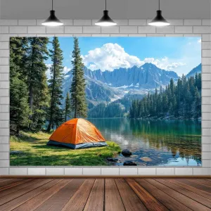 Lakeside Camping Backdrop, Mountain Forest Outdoor Camping Tent Travel Background, Pine Trees River Grassland Landscape Backdrop Birthday Holiday Party Decor YouTube Video Photo Shoot Props 8X6ft