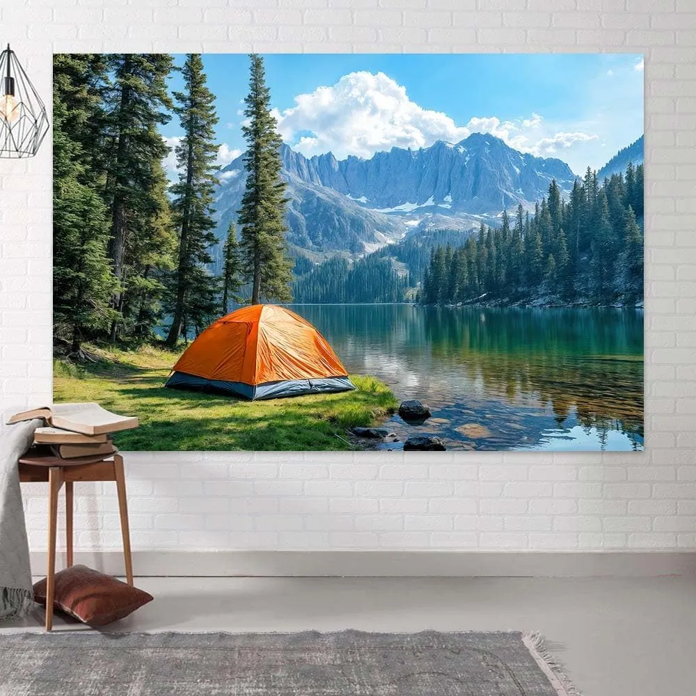 Lakeside Camping Backdrop, Mountain Forest Outdoor Camping Tent Travel Background, Pine Trees River Grassland Landscape Backdrop Birthday Holiday Party Decor YouTube Video Photo Shoot Props 8X6ft