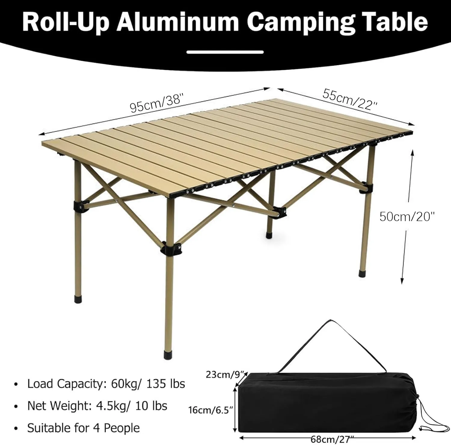 Large Folding Camping Table, Portable Aluminum Roll-up Picnic Backpacking Table with Carry Bag, Lightweight Outdoor Foldable Table for BBQ Travel Party Beach, 4-6 Person, Yellow
