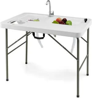 LDAILY Moccha Fish Cleaning Table, Folding Fillet Table with 2 Built-in Sinks & 360° Rotatable Faucet, Portable Outdoor Picnic Table with Stainless Steel Water Inlet Pipe for Camping, Fishing, BBQ