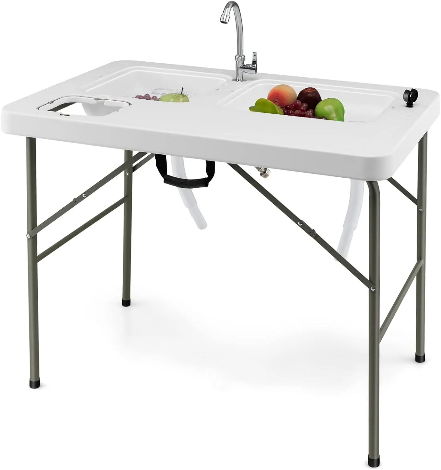 LDAILY Moccha Fish Cleaning Table, Folding Fillet Table with 2 Built-in Sinks & 360° Rotatable Faucet, Portable Outdoor Picnic Table with Stainless Steel Water Inlet Pipe for Camping, Fishing, BBQ