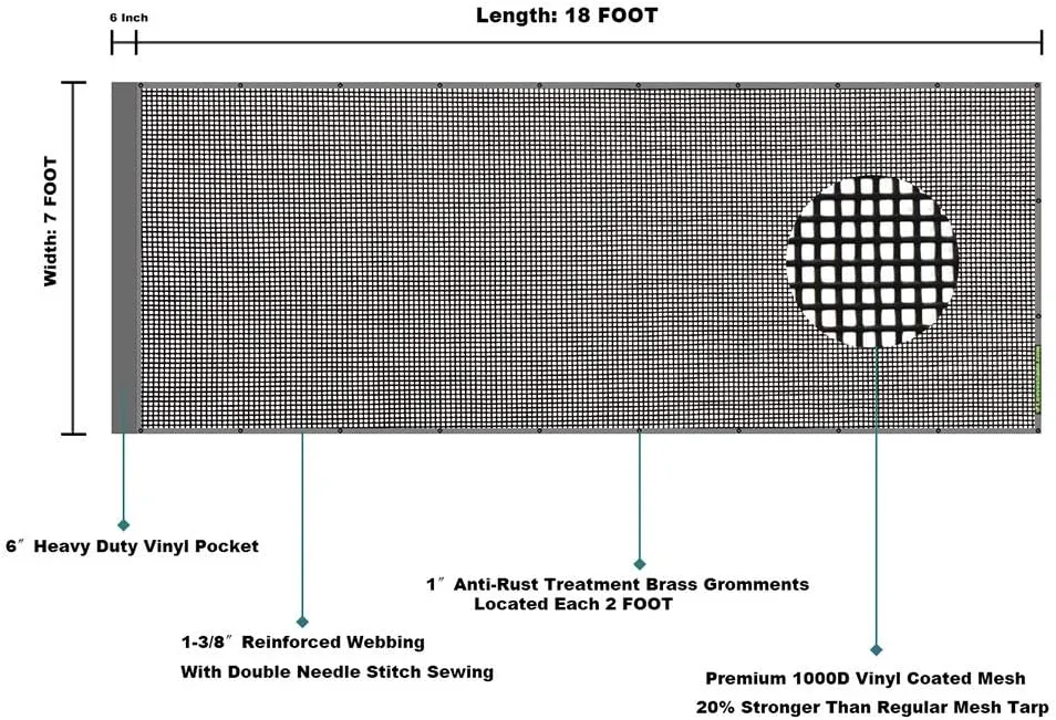 Leaveshade Dump Truck Mesh Tarp 7'X18'-Heavy Duty Dump Trailer Mesh Tarp Cover with 6'' Pocket, No Rust Thicker Copper Eyelets, Reinforced Double Stitch Webbing Ripping Tearing Stop (Black)