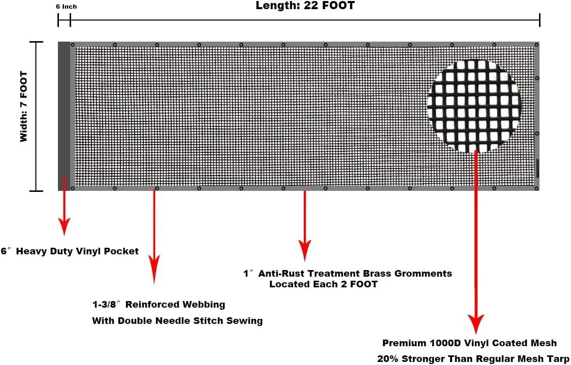 leaveshade Dump Truck Mesh Tarp 7'X22' - Heavy Duty Truck Cover with 6'' Pocket Reinforced Double Stitch Webbing Ripping Tearing Stop, No Rust Thicker Brass Grommets - 3 Year Warranty (Black)