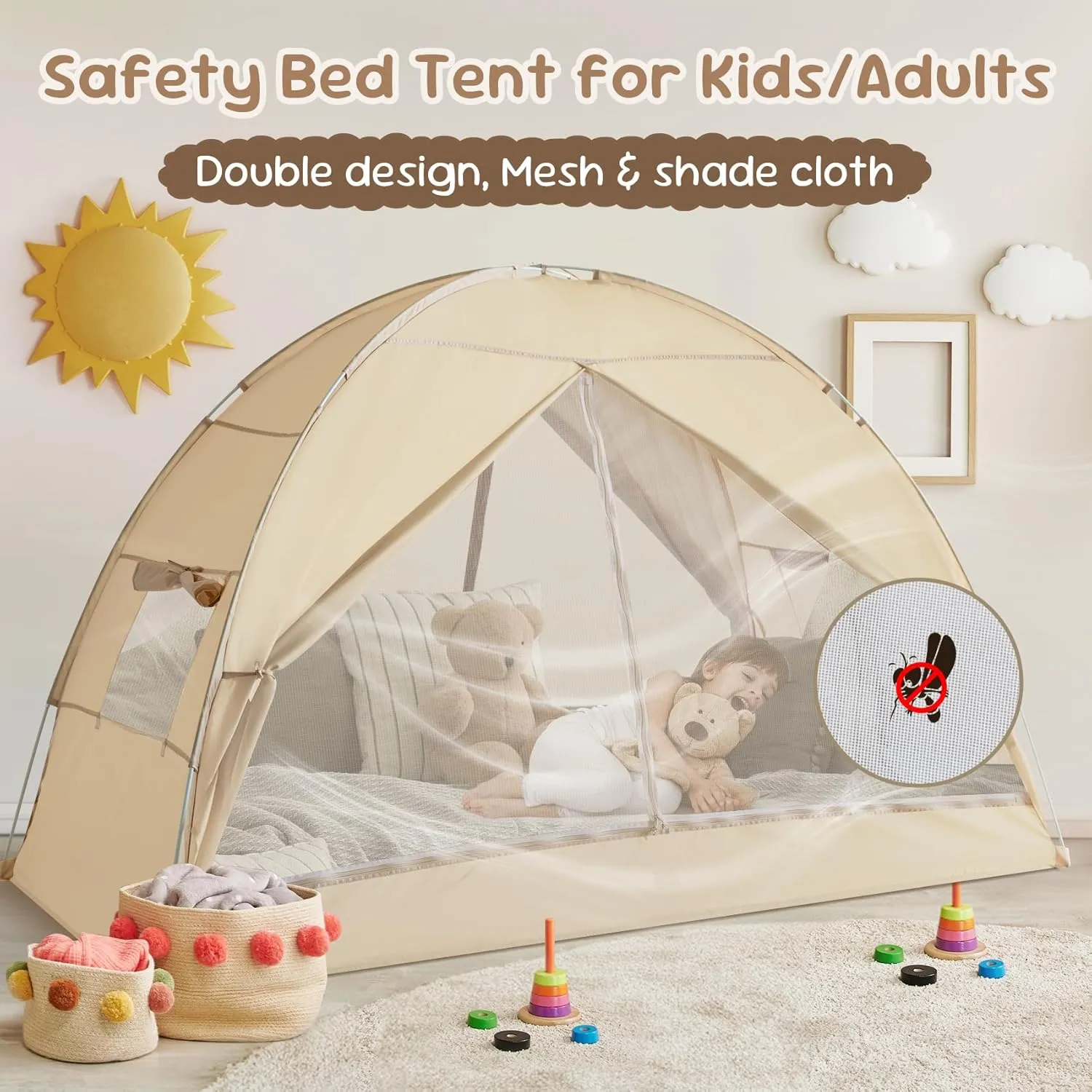 LEEDOR Bed Canopy for Kids/Adults,Mosquito Net & Privacy Tent 2-in-1 Bed Tent,Air Ventilation Mesh & Blackout Cloth Double Design Dream Tent,Indoor Safety Bed Tent for Girls/Boys Full & String Lights