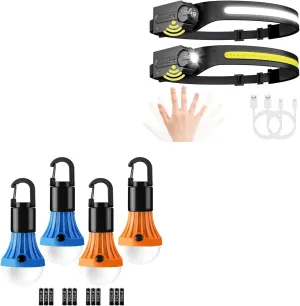 Lepro Bundle - LED Camping Lantern, Camping Accessories, 3 Lighting Modes, Hanging Tent Light Bulbs with Clip Hook & PR320019-2 Super Bright Head lamp with Motion Sensor, 230° Wide Beam & Adjustable