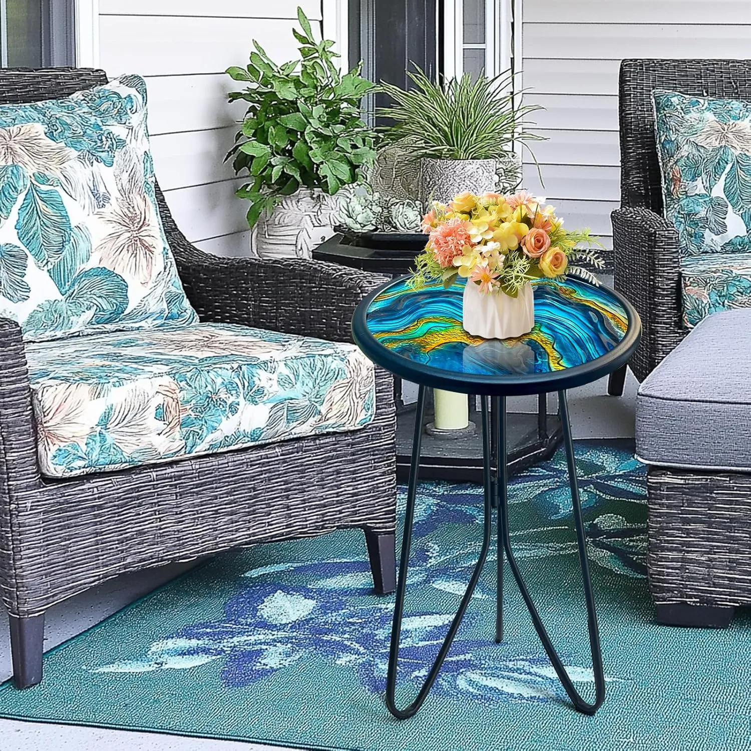 LIFFY Patio Side Tables,12" Indoor Outdoor Metal Side Table with Glass Tabletop,Round Decorative Plant Stand & Accent Table for Garden, Yard, Balcony, Backyard, Porch