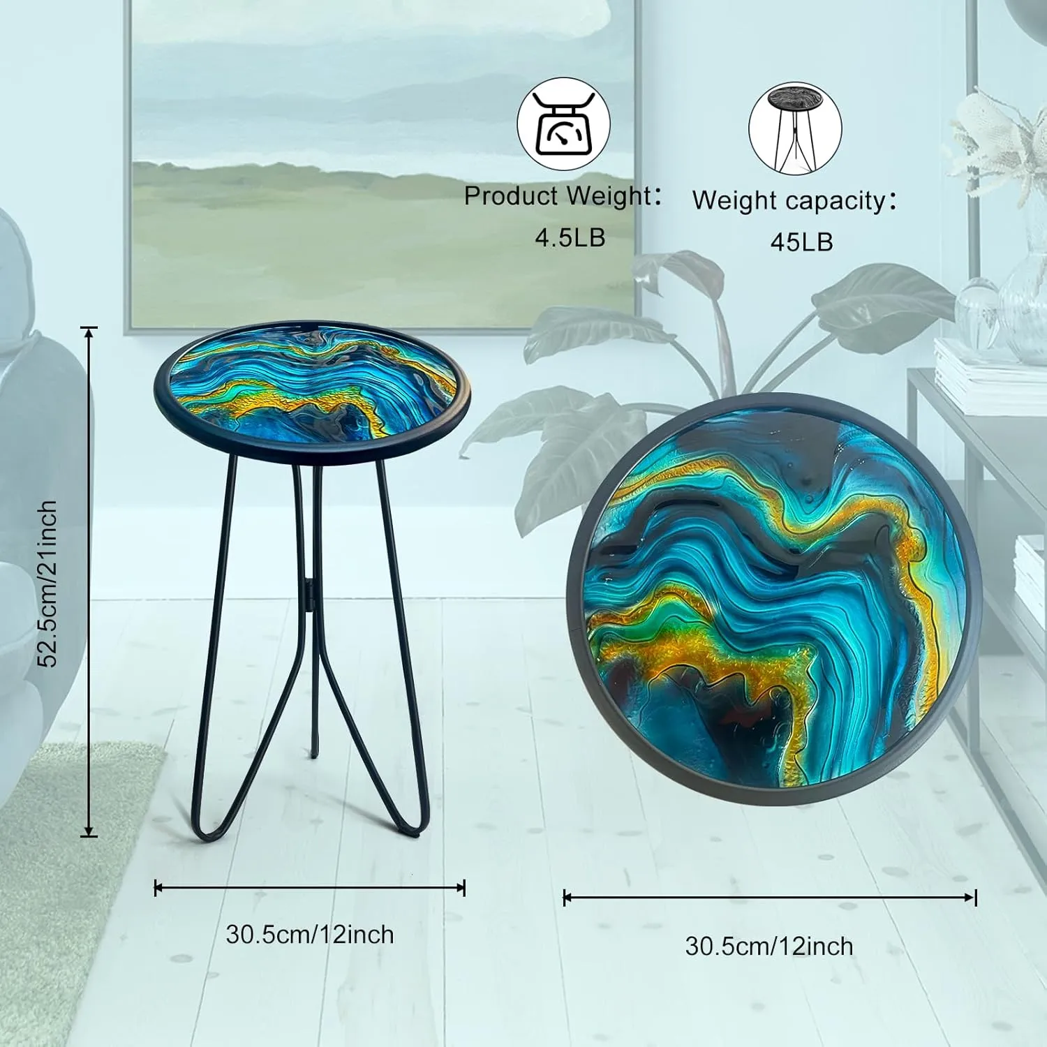 LIFFY Patio Side Tables,12" Indoor Outdoor Metal Side Table with Glass Tabletop,Round Decorative Plant Stand & Accent Table for Garden, Yard, Balcony, Backyard, Porch