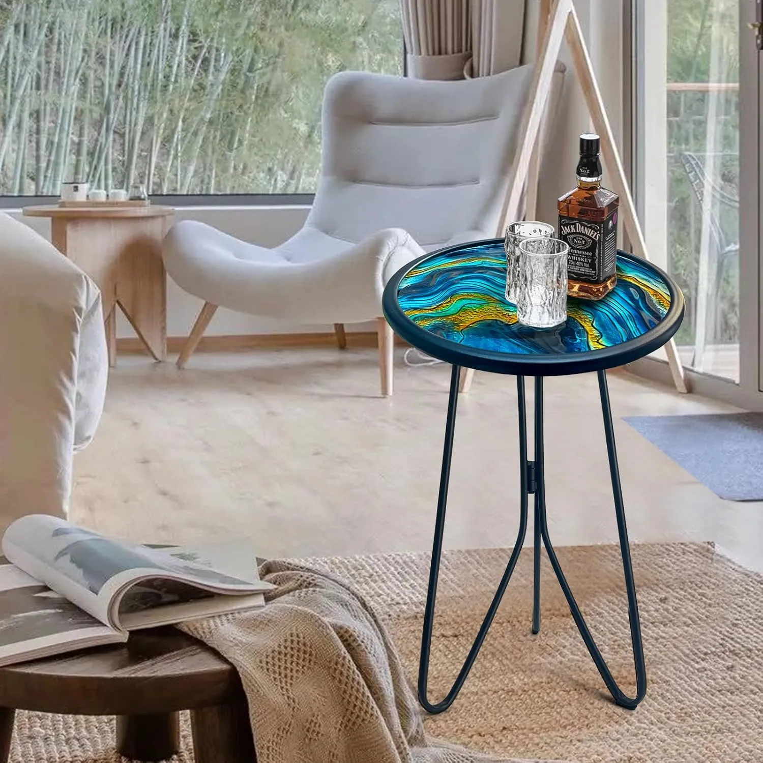 LIFFY Patio Side Tables,12" Indoor Outdoor Metal Side Table with Glass Tabletop,Round Decorative Plant Stand & Accent Table for Garden, Yard, Balcony, Backyard, Porch
